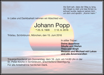 Traueranzeige von Johann Popp von Frankenpost