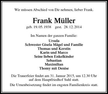 Traueranzeige von Frank Müller von Südthüringer Presse