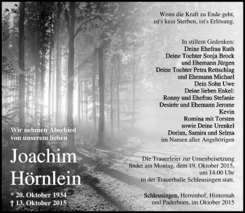Traueranzeige von Joachim Hörnlein von Südthüringer Presse