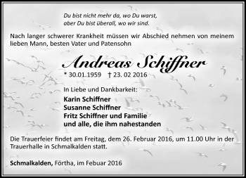 Traueranzeige von Andreas Schiffner von Südthüringer Presse