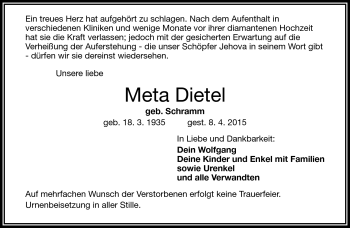 Traueranzeige von Meta Dietel von Frankenpost