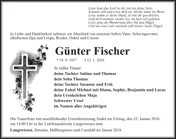 Traueranzeige von Günter Fischer von Südthüringer Presse
