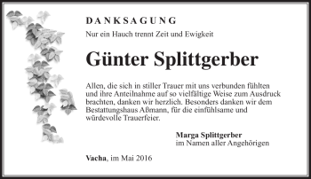 Traueranzeige von Günter Splittgerber von Südthüringer Presse