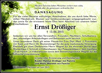 Traueranzeige von Ernst Drößiger von Südthüringer Presse