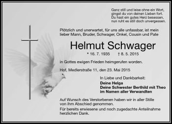 Traueranzeige von Helmut Schwager von Frankenpost