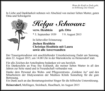 Traueranzeige von Helga Schwanz von Südthüringer Presse