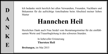 Traueranzeige von Hannchen Heil von Südthüringer Presse