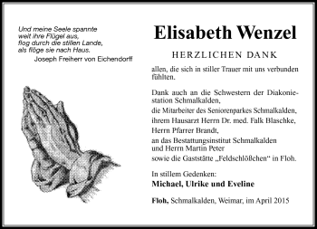 Traueranzeige von Elisabeth Wenzel von Südthüringer Presse