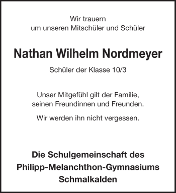 Traueranzeige von Nathan Wilhelm Nordheym von Südthüringer Presse