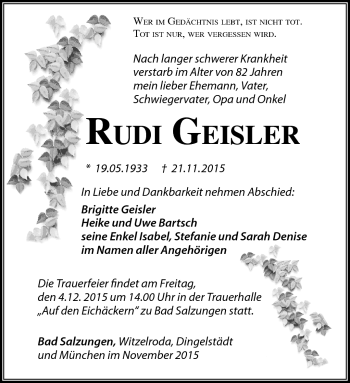 Traueranzeige von Rudi Geisler von Südthüringer Presse