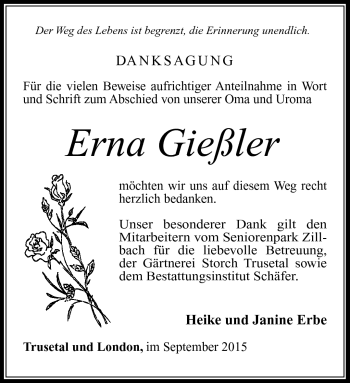 Traueranzeige von Erna Gießler von Südthüringer Presse