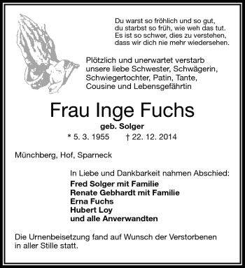 Traueranzeige von Inge Fuchs von Frankenpost