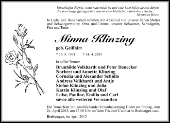 Traueranzeige von Minna Klinzing von Südthüringer Presse