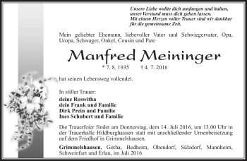 Traueranzeige von Manfrd Meininger von Südthüringer Presse