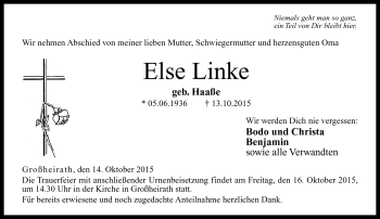 Traueranzeige von Else Linke von Neue Presse Coburg
