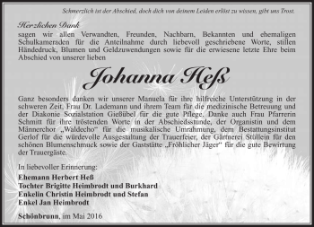 Traueranzeige von Johanna Heß von Südthüringer Presse