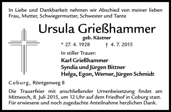 Traueranzeige von Ursula Grießhammer von Neue Presse Coburg