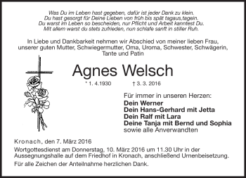 Traueranzeige von Agnes Welsch von Neue Presse Coburg
