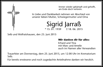 Traueranzeige von Sigrid Jarraß von Frankenpost