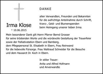 Traueranzeige von Irma Klose von Neue Presse Coburg