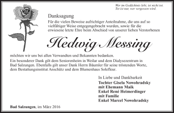 Traueranzeige von Hedwig Messing von Südthüringer Presse
