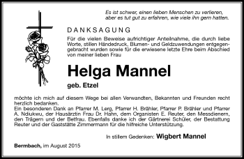 Traueranzeige von Helga Mannel von Südthüringer Presse