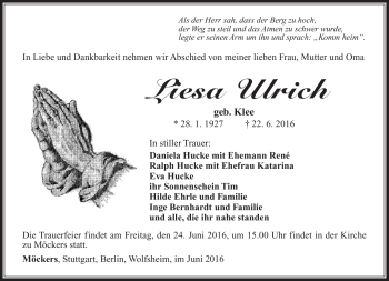 Traueranzeige von Liesa Ulrich von Südthüringer Presse