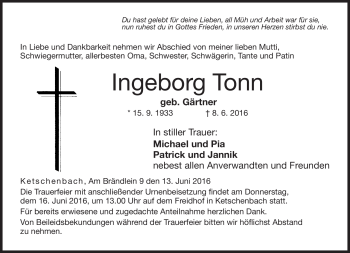 Traueranzeige von Ingeborg Tonn von Neue Presse Coburg