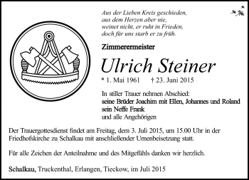 Traueranzeige von Ulrich Steiner von Südthüringer Presse