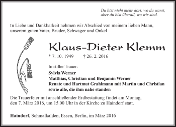Traueranzeige von Klaus-Dieter Klemm von Südthüringer Presse