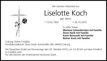 Traueranzeige von Liselotte Koch von Neue Presse Coburg