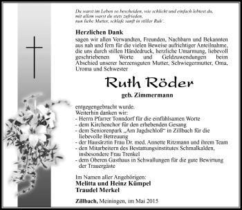 Traueranzeige von Ruth Röder von Südthüringer Presse