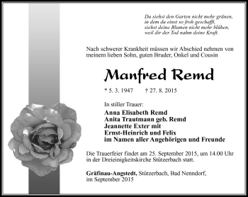 Traueranzeige von Manfred Remd von Südthüringer Presse