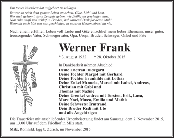 Traueranzeige von Werner Frank von Südthüringer Presse