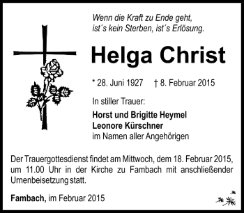 Traueranzeige von Helga Christ von Südthüringer Presse