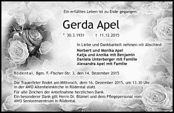 Traueranzeige von Gerda Apel von Neue Presse Coburg