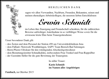 Traueranzeige von Erwin Schmidt von Südthüringer Presse