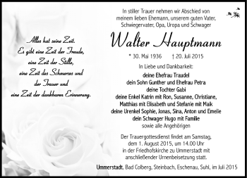 Traueranzeige von Walter Hauptmann von Südthüringer Presse