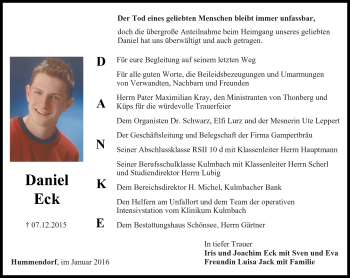 Traueranzeige von Daniel Eck von Neue Presse Coburg