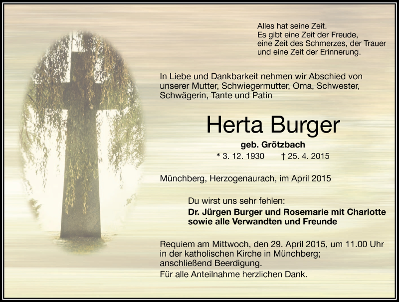  Traueranzeige für Herta Burger vom 28.04.2015 aus Frankenpost