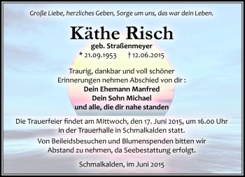 Traueranzeige von Käthe Risch von Südthüringer Presse