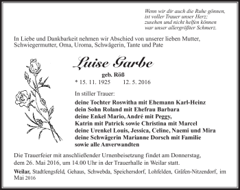 Traueranzeige von Luise Garbe von Südthüringer Presse
