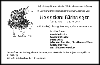 Traueranzeige von Hannelore Fürbringer von Frankenpost