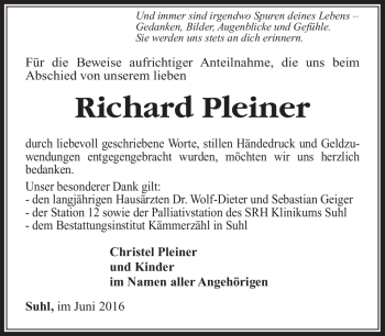 Traueranzeige von Richard Pleiner von Südthüringer Presse
