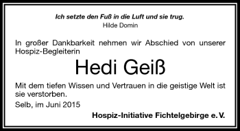Traueranzeige von Hedi Geiß von Frankenpost