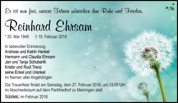 Traueranzeige von Reinhard Ehrsam von Südthüringer Presse