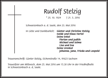 Traueranzeige von Rudolf Stelzig von Frankenpost