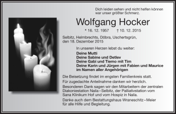 Traueranzeige von Wolfgang Hocker von Frankenpost