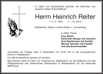 Traueranzeige von Heinrich Reiter von Frankenpost