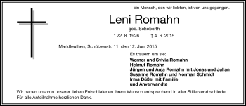 Traueranzeige von Leni Romahn von Frankenpost